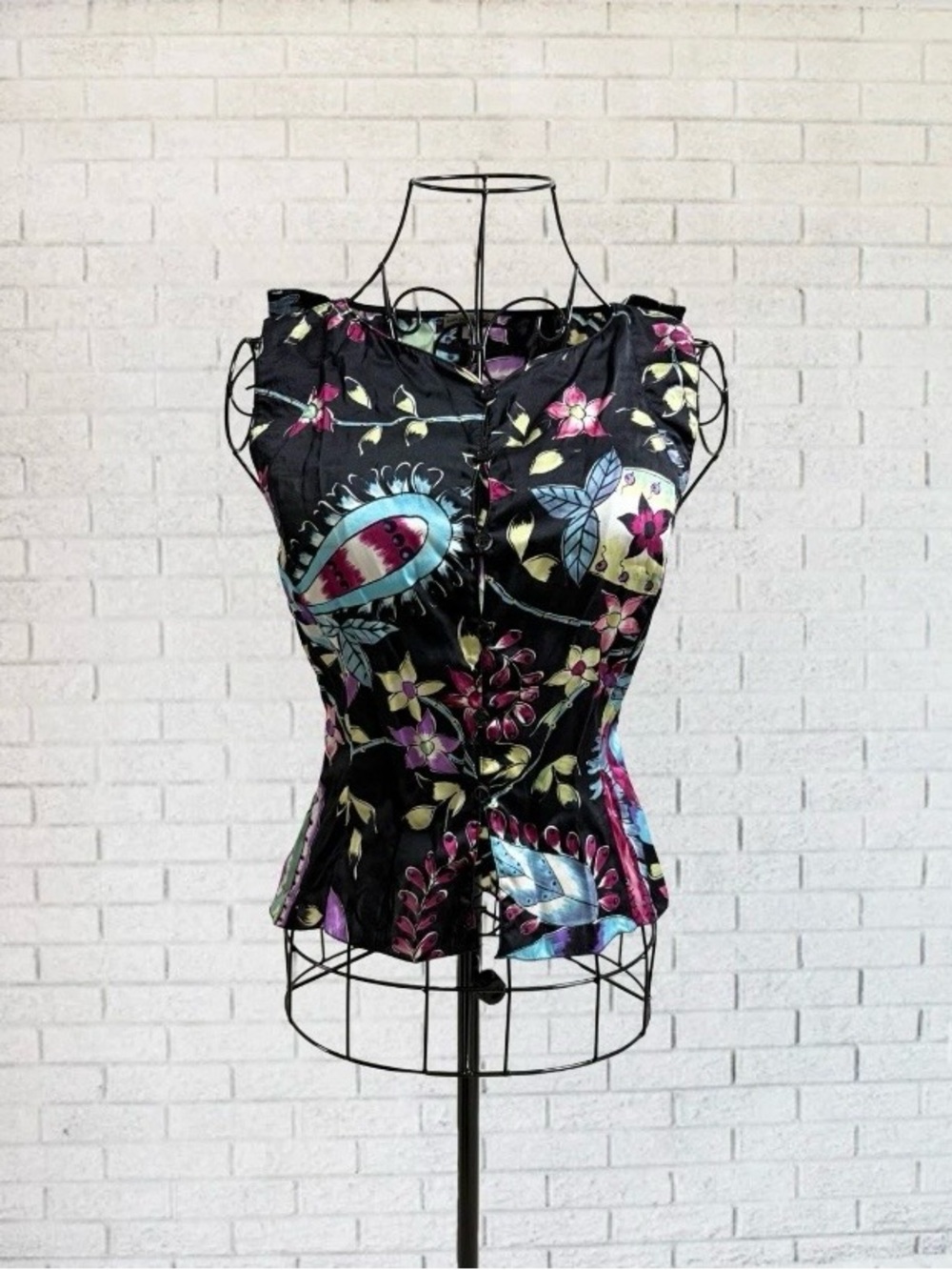Emporio Armani Designer Blouse Button Up Tank Paisley Women 8 Small Silk Chic